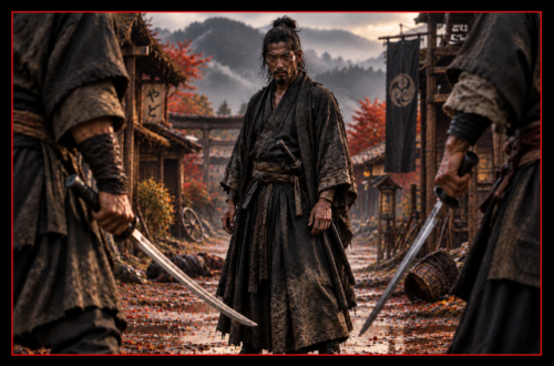A lone ronin stands calmly with his katana facing armed opponents on a rural road in feudal Japan.