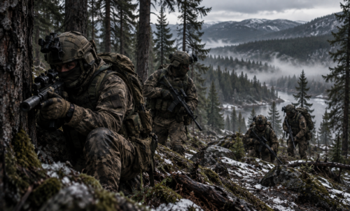 Four special forces soldiers move cautiously on reconnaissance through a wet autumn conifer forest carrying military equipment and weapons.