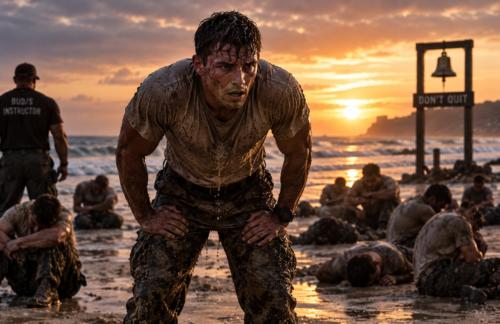 An exhausted BUD/S candidate bends forward on the beach catching his breath while other trainees sit or collapse behind him.