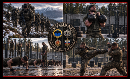 Russian special forces training montage with soldiers conducting combat drills around a central GRU-style bat and globe insignia.