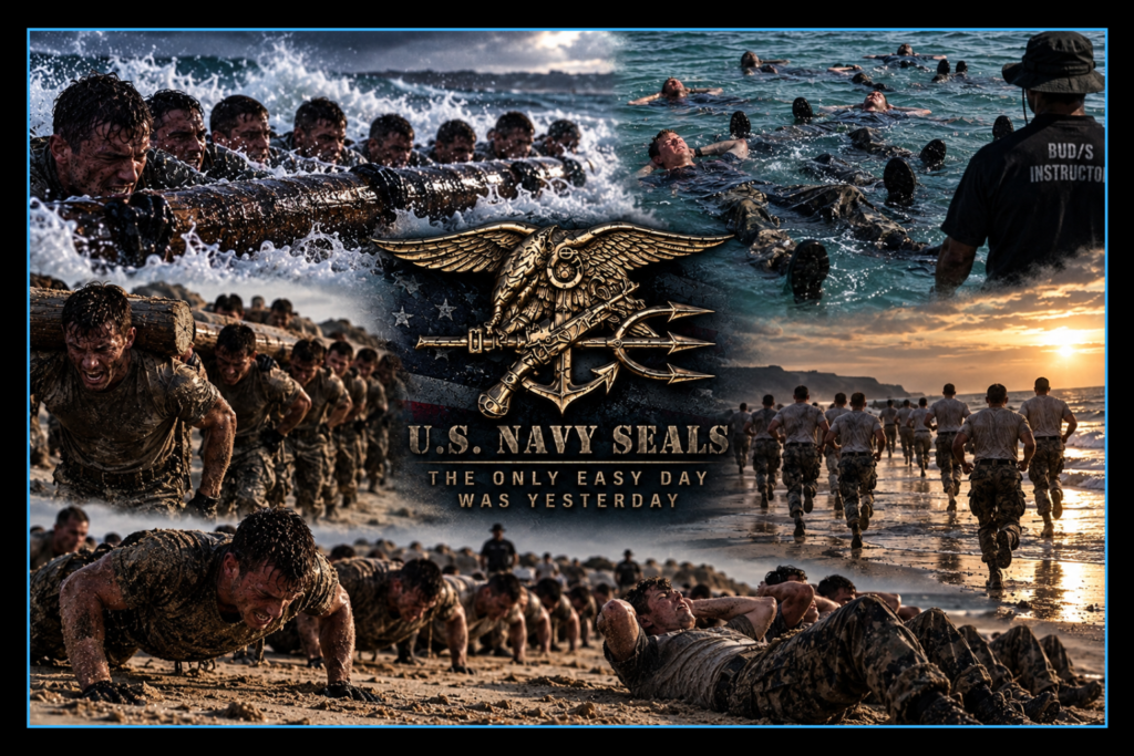 Navy SEAL BUD/S candidates endure log carries, beach runs, grinder exercises and water training during Hell Week.