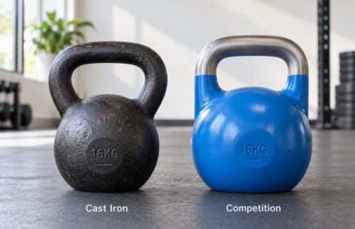 Side-by-side comparison of a traditional cast-iron kettlebell and a competition kettlebell of the same weight.