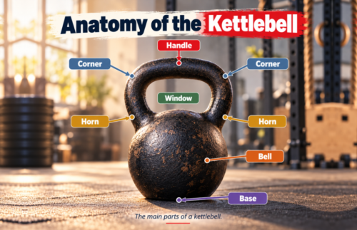 Kettlebell anatomy diagram identifying the handle, corners, horns, window, bell and base.