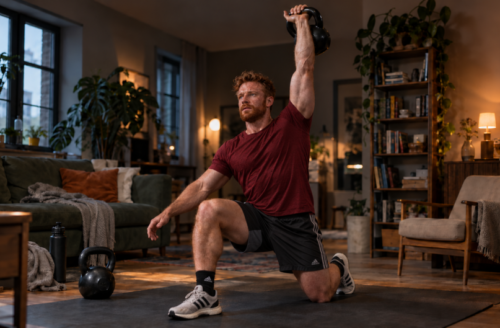 Man performing a half-kneeling kettlebell overhead press in a living room, showing how effective training can be done at home with minimal equipment.