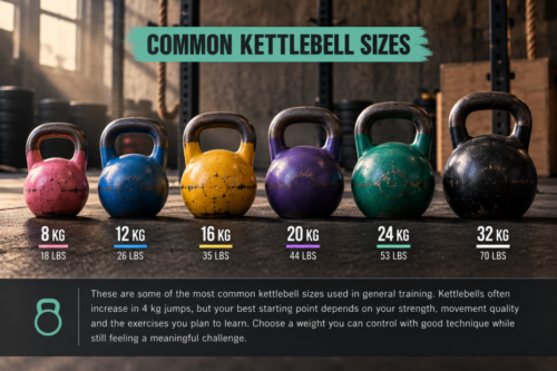 Common kettlebell sizes from 8 kg to 32 kg arranged from lightest to heaviest in a gym.