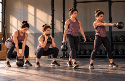 Four-stage progression image showing the same beginner athlete performing a kettlebell deadlift, goblet squat, suitcase carry and two-hand swing, reinforcing the recommended learning sequence for beginners.