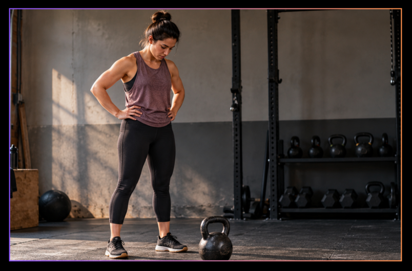 Beginner athlete looking down at a parked kettlebell before starting a training session in a bright gym.