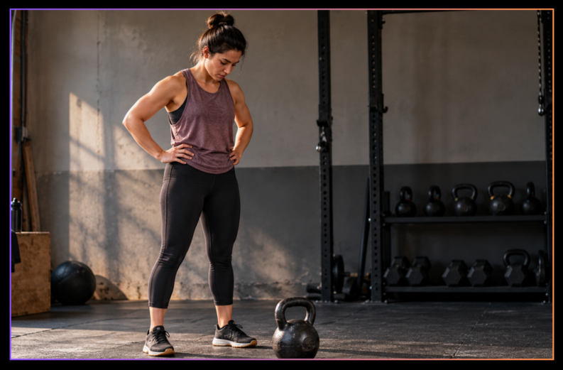 Beginner athlete looking down at a parked kettlebell before starting a training session in a bright gym.
