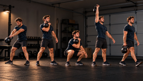 Athlete performing a sequence of kettlebell movements in a home garage gym, showing a swing, rack hold, goblet squat, overhead press and suitcase carry.