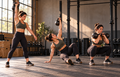 Woman performing a kettlebell snatch, Turkish get-up and double-kettlebell squat during an advanced training session.