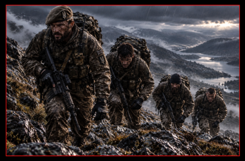 An SAS selection instructor wearing a beret leads exhausted candidates carrying heavy bergens across rugged British terrain.