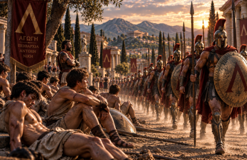 Exhausted Spartan youths sit in the sand after training as fully equipped hoplites march away through ancient Sparta.