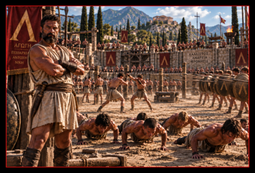Young Spartan trainees undergo the brutal physical training of the agoge under the supervision of an experienced Spartan warrior.