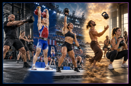 Different athletes demonstrating Hardstyle, Girevoy Sport, CrossFit, kettlebell juggling and general fitness training in contrasting environments.