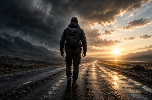 Lone traveller walking along an open road as storm clouds break and sunlight appears on the horizon, symbolising growth, resilience, and overcoming fear.