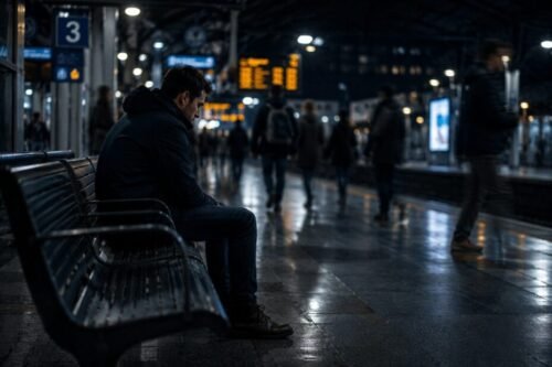 A solitary man sits alone while people move around him in a busy train station.