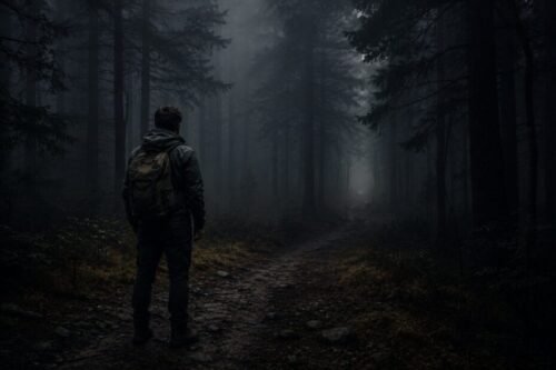 A traveller stands at the entrance to a dark forest disappearing into mist and shadow.