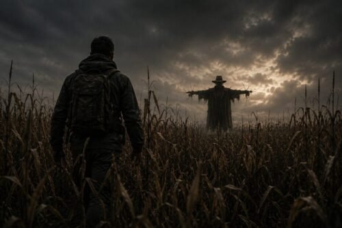A lone traveller approaches a scarecrow standing among a dark and desolate cornfield.