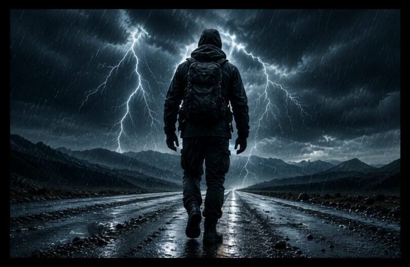 Lone traveller walking into a storm beneath dark clouds and lightning, representing the challenge of confronting fear.