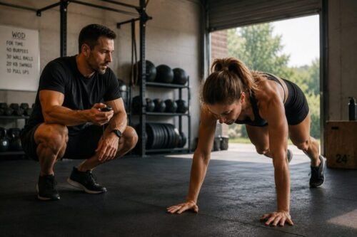 Woman performing burpees while her training partner times and encourages her during a workout.