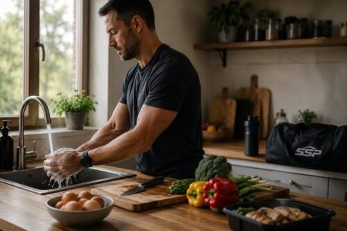 Man washing his hands before preparing a healthy meal in his kitchen.