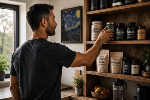 Man selecting supplements from a shelf as part of a healthy daily routine.