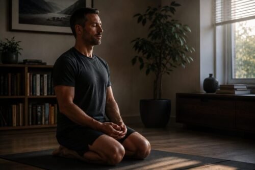 Man practising meditation at home to manage stress and improve mental wellbeing.