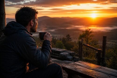Man drinking coffee at sunrise while enjoying fresh air and morning light.