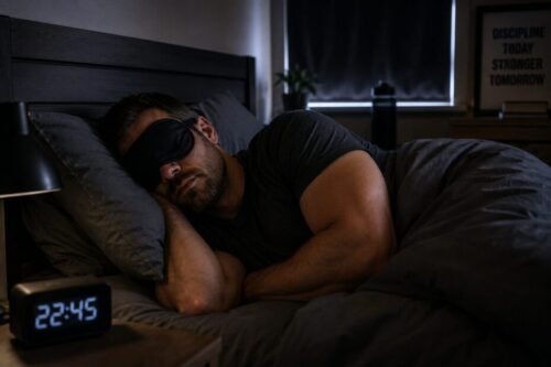 Man sleeping in a dark room wearing an eye mask to improve sleep quality and recovery.