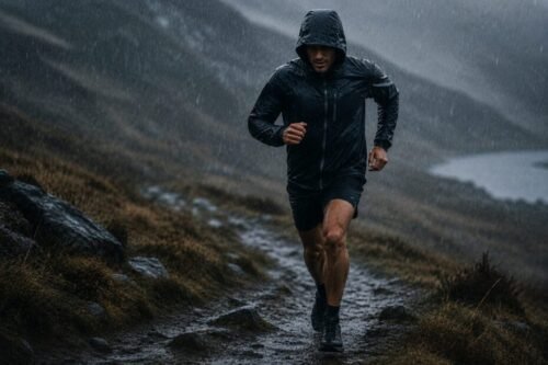 Runner training through heavy rain on a rugged trail to build resilience and endurance.