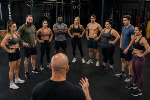 Fitness coach briefing a mixed group of active people with different body types before training.