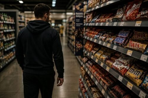 Shopper walking past sweets and processed foods in a supermarket aisle.