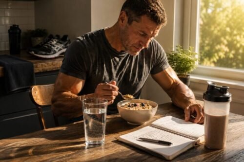 Man eating a healthy post-workout breakfast while reviewing his training diary in a sunlit kitchen, with water, supplements, and running shoes visible.