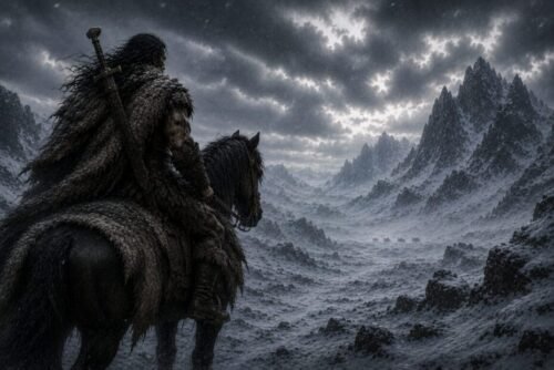 A fur-cloaked barbarian warrior rides across a frozen wilderness on horseback while distant wolves stalk the snowy landscape beneath storm-filled skies.
