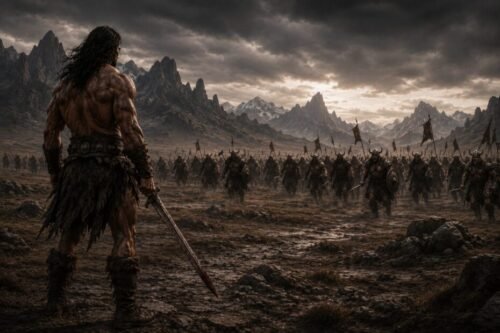 A lone barbarian warrior stands his ground against an advancing army on a barren rocky plain beneath dark storm clouds and distant mountains.