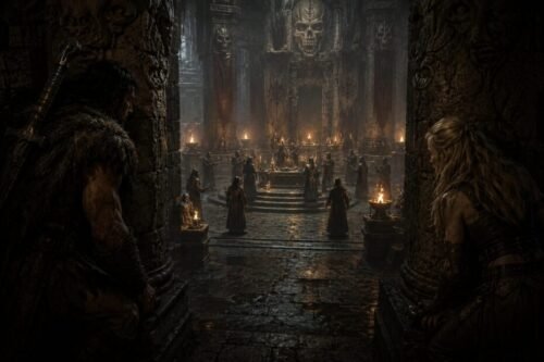 A barbarian adventurer and his blonde companion hide behind ancient stone pillars while secretly observing a dark cult ceremony inside a vast temple.