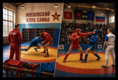 Montage of Combat Sambo athletes striking, grappling, and throwing against a Russian-inspired background representing the martial art's Soviet origins.