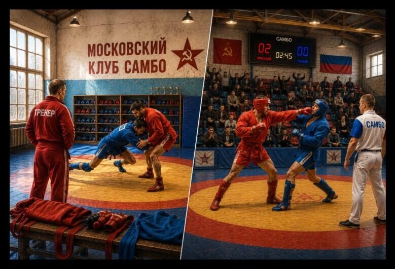 Montage of Combat Sambo athletes striking, grappling, and throwing against a Russian-inspired background representing the martial art's Soviet origins.