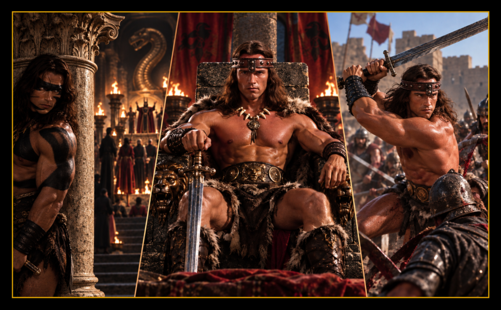 Conan the Barbarian workout featuring Conan armed with his Atlantean sword amid ancient ruins, warriors, fire and the savage Hyborian world.