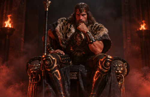 Conan sits upon his throne with the Atlantean sword nearby after years of battle, conquest and adventure across the Hyborian Age.