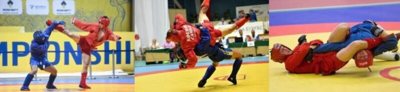 Combat Sambo competitors transitioning from striking range into a takedown exchange.