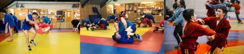 Young Sambo practitioners training throws, grappling, and movement drills under instructor supervision.
