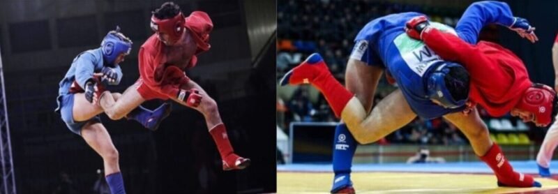 Two Combat Sambo practitioners exchanging strikes before engaging in grappling range.