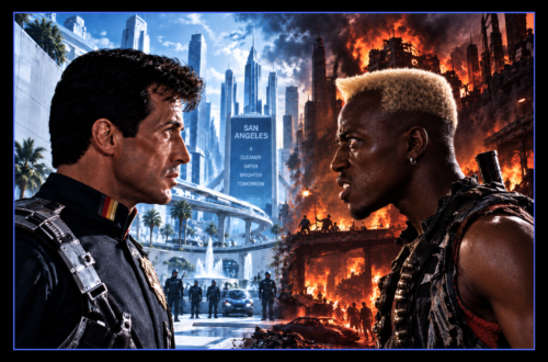 Demolition Man workout featuring John Spartan and Simon Phoenix facing off between futuristic San Angeles order and violent old-world chaos.