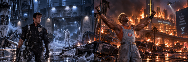 John Spartan walks from the damaged cryogenic prison as the frozen Simon Phoenix remains trapped amid frost, shattered glass and broken cryo pods.