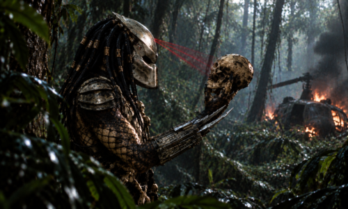 Predator workout complete image showing the Predator dominating the scene as he polishes the skull trophies of his defeated enemies in the jungle.