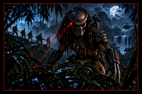 Predator action hero workout header showing the Predator dominating the scene as he stalks Dutch and the commando team through the dense Central American jungle.
