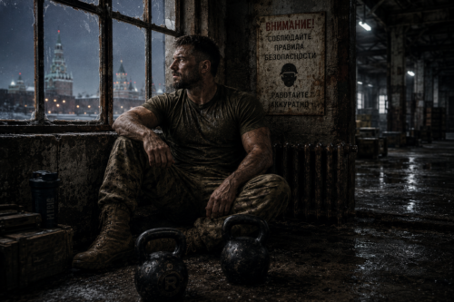 Soviet operative recovering after a kettlebell workout inside a deserted warehouse while watching snowfall through a window.