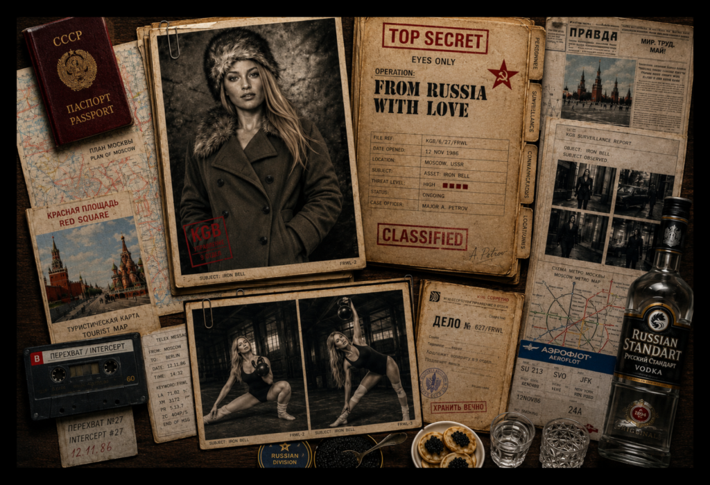 Female Soviet operative and kettlebell training imagery arranged across a Cold War intelligence dossier for the From Russia With Love workout.