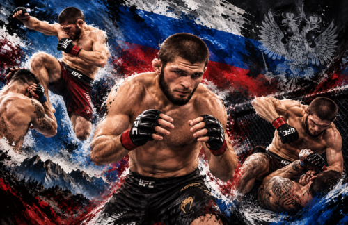 Khabib Nurmagomedov in a fighting stance with flying knee and ground-and-pound action in bold Russian-inspired artwork.